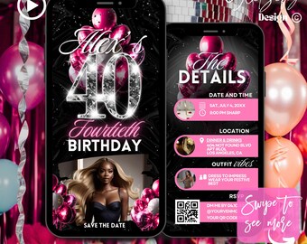 Pink & Silver 40th Birthday Animated Invitation (Digital Download)