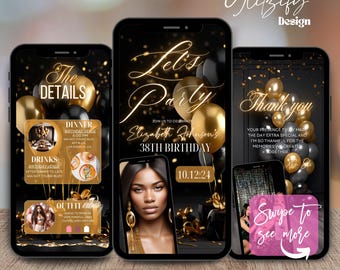 May include: A black and gold birthday party invitation with a photo of a woman and the text "Let's Party" and "Elizabeth Johnson's 38th Birthday".