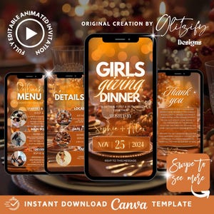 Könnte beinhalten: Eine digitale Einladungsvorlage für ein Girls Giving Dinner, angezeigt auf Smartphones. Das Design hat ein herbstliches Farbschema mit Text, einschließlich Datum, Gastgebern und RSVP-Informationen. Die Vorlage ist vollständig editierbar und sofort zum Download verfügbar.