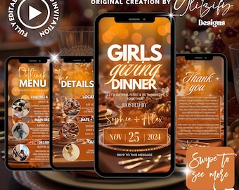 May include: A digital invitation template for a Girls Giving Dinner, displayed on smartphones. The design features an autumnal color scheme with text including the date, host names, and RSVP information. The template is fully editable and available for instant download.