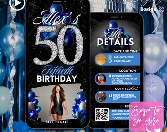 Blue Silver 50th Birthday Animated Invitation: Glam Party (Digital Download)
