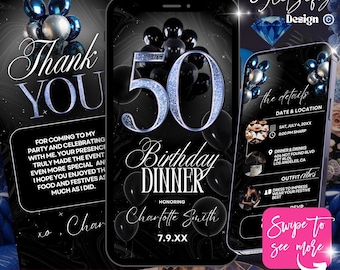 Luxury 50th birthday invitation,canva template,blue birthday party invite,glam digital save the date,editable flyer,dinner invitation blue