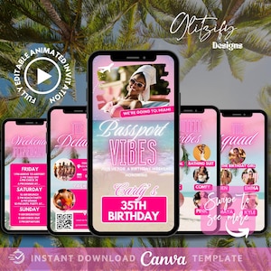 Pink Passport Vibes Itinerary Girl Trip Itinerary,Vacation planner,Birthday Getaway Invite,Bachelorette Trip Invite,Vacation Itinerary