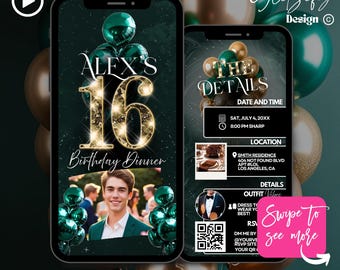 Puede incluir: Una plantilla de invitación digital para una cena de cumpleaños de Sweet Sixteen, con una foto de una persona, globos y detalles del evento. El diseño incluye el texto "ALEX'S 16 Birthday Dinner" y "Swipe to see more".