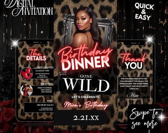 Animated Cheetah Birthday Evite, Girls Night Dinner Invite , Cherry Leopard Glam Party Invitation and Menu Template, Big Mama Night