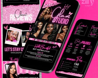 May include: A pink and black mobile phone screen mockup for a hair salon business. The screen displays the salon's name "Glam Studio", location, and a call to action to book an appointment. The phone is surrounded by pink glitter and the text "DIY Acuity Scheduling Template" is at the bottom of the image.