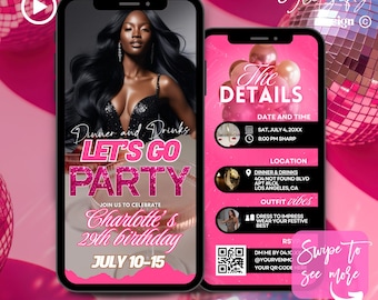Puede incluir: Una invitación digital rosa y blanca para una fiesta. La invitación presenta una foto de una mujer con un fondo rosa y el texto "Dinner and Drinks Let's Go Party Join us to celebrate Charlotte's 29th birthday July 10-15". El lado derecho de la invitación tiene un fondo rosa con el texto "The Details Date and Time Sat, July 4, 20XX 8:00 PM Sharp Location Dinner & Drinks 404 Not Found Blvd Apt #LOL Los Angeles, CA Outfit Vibes Dress to Impress Wear your festive best RSVP DM me by 04.10 @yourvenmo Your QR code here Swipe to see more".
