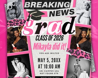2026 Graduation Announcement Flyer,Pink Grad Party Invitation,Instagram Post Flyer,Leopard Girly Editable Newspaper Flyer Scrapbook Template