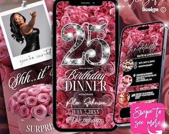 Digital Pink 25th Birthday Invitation,roses 25th birthday Invite,pink rose birthday Party invitation,Digital Birthday Flyer,Text Invitation