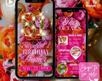 Digital 81st Birthday Invitation,floral peony birthday Invite,orange pink birthday Party invitation,Digital Birthday Flyer,Text Invitation