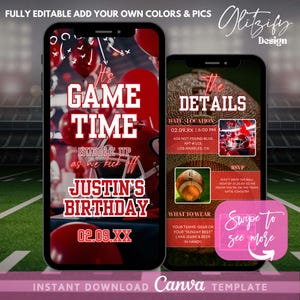 Puede incluir: Una invitación digital para una fiesta de cumpleaños con temática de fútbol americano. La invitación presenta un casco de fútbol americano rojo y blanco, un balón de fútbol y el texto "It's Game Time" en rojo y blanco. La invitación también incluye el nombre del cumpleañero, "Justin", y la fecha de la fiesta, "02.09.XX".