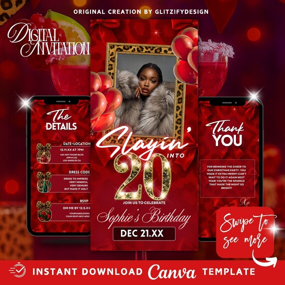 Sleighing Into 20 Birthday Invite,christmas 20th Birthday  Invitation,slaying Into Twenty Birthday Invite,winter 20th Birthday Flyer  Template - Etsy
