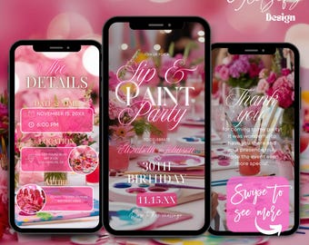 Animated Sip and Paint Birthday Invitation: Pink Cutesy Evite (Canva Template)