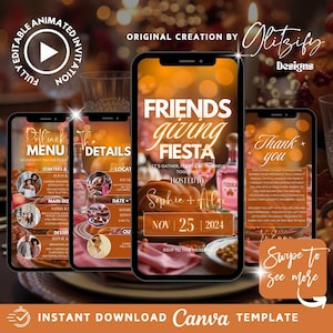 May include: A digital invitation template for a Friendsgiving Fiesta, displayed on smartphones. The design features an orange and gold color scheme with text that reads "Friendsgiving Fiesta" and "Nov 25 2024". The template is editable in Canva.