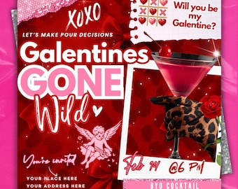 Galentine's Girls Night Gone Wild Invitation Flyer Template,Leopard Print Valentine's Day Party Invite,Editable Template,Social Media Flyer