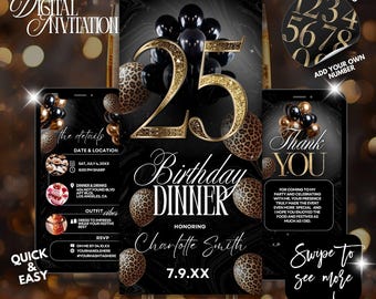 Leopard Birthday Dinner Invitation,Cheetah Print Wild Glam Birthday Digital Invite,25th birthday invite,editable any age birhday evite