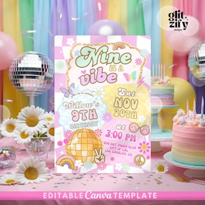 Convite de aniversário com carta de patch Nine is a Vibe, convite para festa de moda universitária, convite para festa de aniversário Let's Party y2k Disco, inspirado em SCL