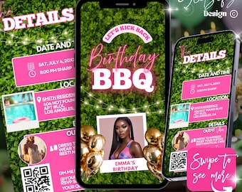 Invitación animada para barbacoa de cumpleaños: parrillada en el jardín, plantilla fotográfica (descarga digital)