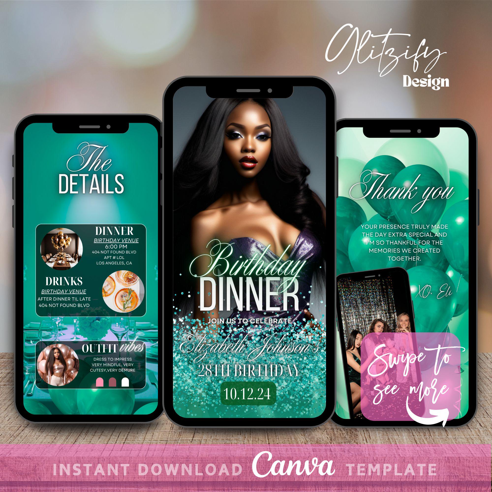 Green Birthday Dinner Video Invitation,Fancy Green Birthday Dinner Invite,Animated Birthday Invitation,Digital Birthday Flyer,Text Invite