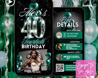 Emerald Green 40th Birthday Animated Invitation: Glam Bling Theme (Digital Download)