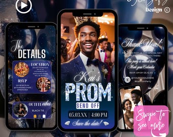 May include: A digital invitation for a prom send-off party. The invitation features a blue and black background with a diamond-shaped design. The text "Kai's Prom Send Off" is in white with a blue outline. The date and time of the event are listed as "05.03.XX | 4:00 PM". The invitation also includes a thank you message for attending the event.