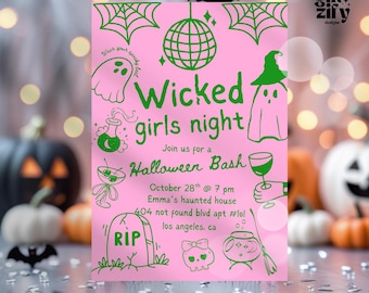 Può includere: Un invito rosa per una festa di Halloween con illustrazioni e testo verdi. L'invito recita "Wicked girls night" e include grafiche a tema Halloween come fantasmi, una palla da discoteca e una lapide. Sono inclusi anche i dettagli dell'evento.