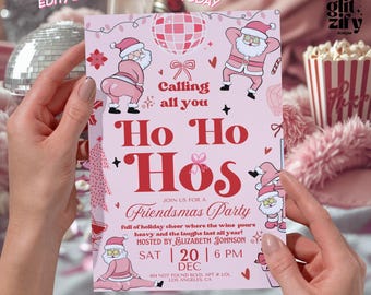 Pink Santa Christmas Invitation,Funny Calling Ho Ho Hos Invitation,Friendmas Party Invite,Adult Holiday Party Invite,Editable Canva Template