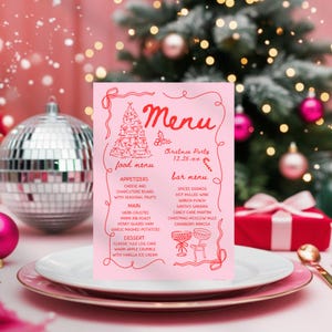 Carte de menu pour le dîner de Noël, modèle de menu de fête de Noël d'amis, Noël dessiné à la main, imprimable, menu de Noël à gribouiller, décoration de fête