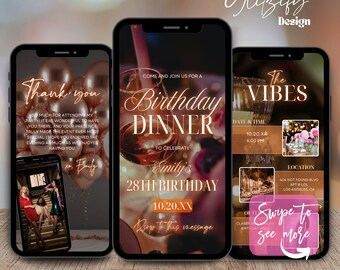 Convite animado para jantar de aniversário: Modelo editável no Canva (Download digital)