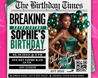 Green Leopard Newspaper Birthday Invitation,Digital Birthday Flyer,Glam Party Evite,Editable Social Media Flyer Template,Modern Party Invite