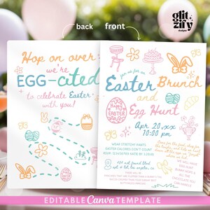 Plantilla de invitación para brunch de Pascua y búsqueda de huevos, invitación para fiesta de Pascua imprimible, invitación de Pascua con garabatos, invitación de brunch de Pascua caprichosa