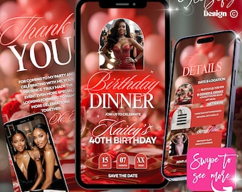 Animated Birthday Dinner Invitation: Red & Pink Floral Evite (Digital Download, Canva Template)