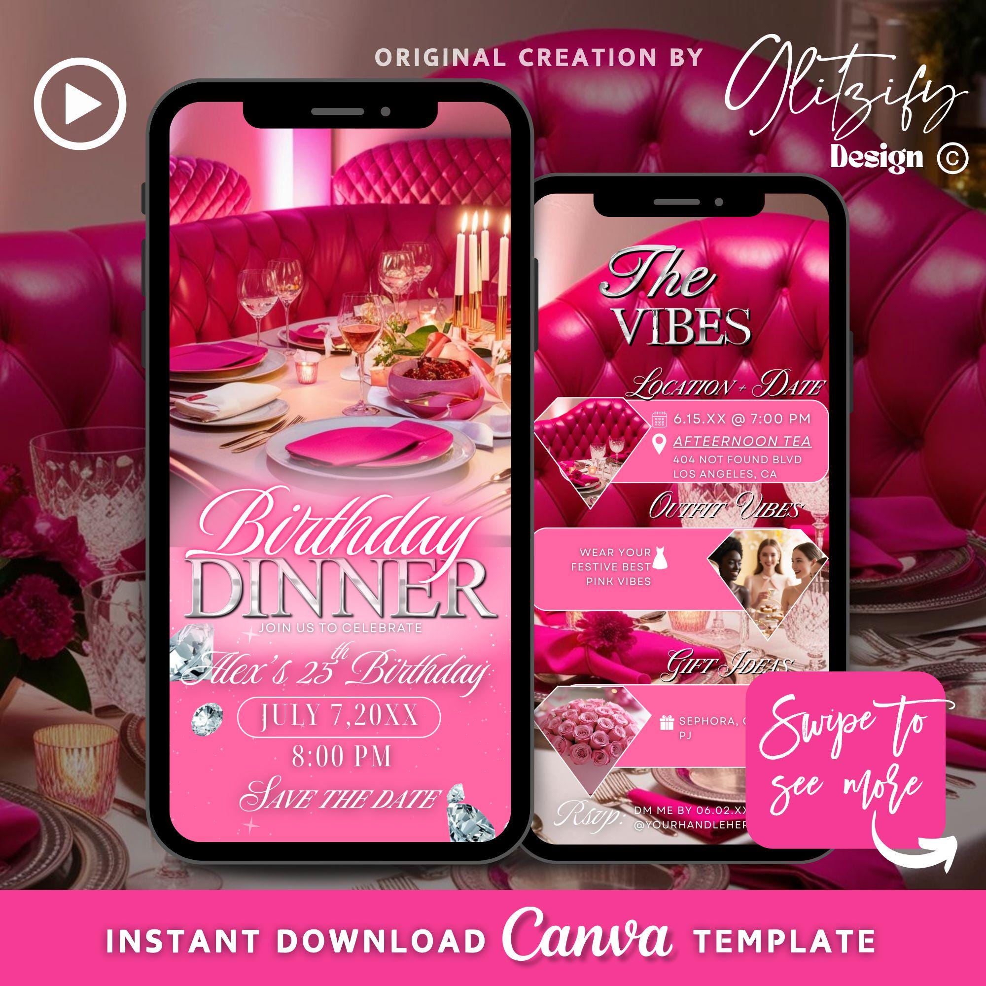Silver Pink Glam Digital Birthday Party Invitation,Birthday Dinner Luxury Invite,Diamond Birthday Invite,digital Template,pinkcore Itinerary