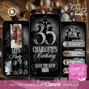 Digital 35th Birthday Invitation,Elegant balloon birthday Invite,black silver birthday Party invitation,Digital Birthday Flyer,Text Invite