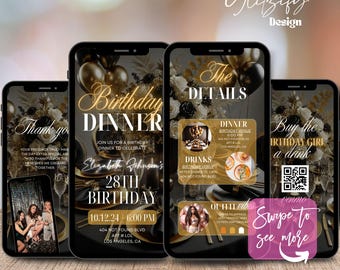 Animated Birthday Dinner Invitation: Gold Text Invite (Digital Download)