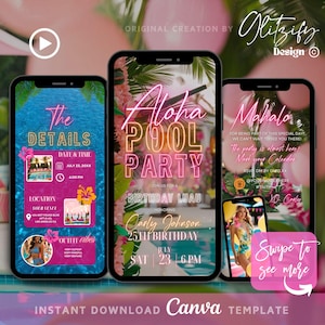 Puede incluir: Una invitación digital para una fiesta en la piscina con temática tropical. La invitación presenta un letrero de neón rosa y amarillo que dice "Aloha Pool Party". La invitación también incluye una foto de una piscina y una palmera. El texto de la invitación dice "Únete a nosotros para un Luau de cumpleaños en honor a Carly Johnson 25 cumpleaños Julio 23 6 PM".