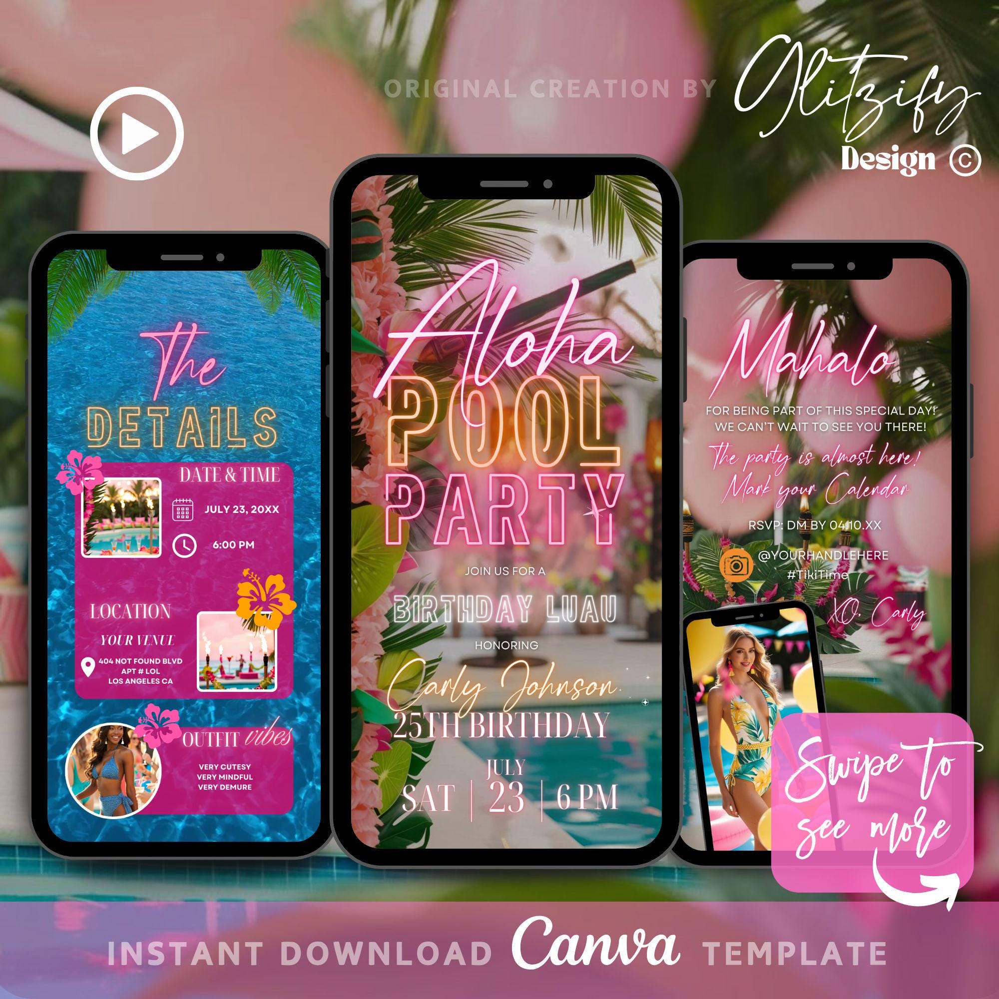 Aloha Pool Party Animated Invitation: Luau Birthday, Editable in Canva ...