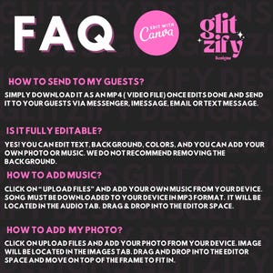 Op de afbeelding: FAQ-afbeelding met een roze achtergrond en witte tekst. De afbeelding bevat instructies over het verzenden van een video naar gasten, het bewerken van de video, het toevoegen van muziek en het toevoegen van een foto.