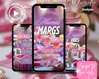 May include: A digital invitation template on three smartphones, featuring a pink and purple color scheme. The text includes "Mamus and Margs," "Kailey's 29th Birthday," and "Outfit Vibes." The template is for instant download.