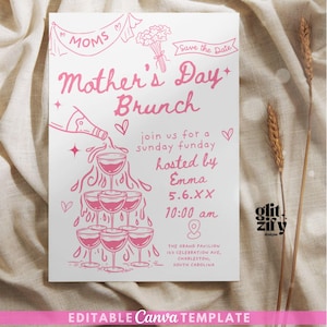 handgetekende Moederdag brunchuitnodiging, krabbelillustratie Moederdag, brunch grillige uitnodiging, handgeschreven moeders en mimosa's nodigen diy uit
