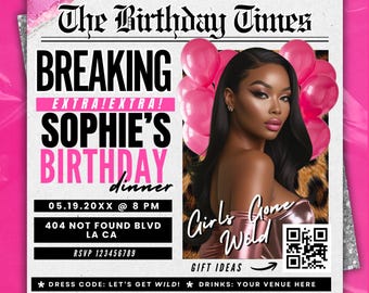 Pink Leopard Newspaper Birthday Invitation,Digital Birthday Flyer,Glam Party Evite,Editable Social Media Flyer Template,Modern Party Invite