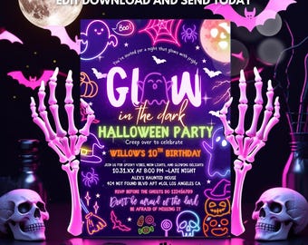 Glow in the Dark Halloween Party Invitation: Neon Ghost Halloween Invite (PDF Download)