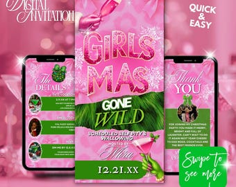 Girls Christmas Party Invite,Girlsmas Invitation,Girly Funny Friendsmas Invitation,Pink Holiday Girls Night Evite, Drinkmas Invite