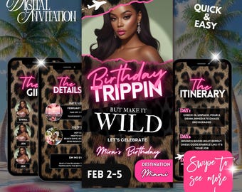 Modello di invito per itinerario di viaggio per ragazze leopardate, invito per weekend di compleanno "Let's Get Wild", invito per gita di compleanno, invito per viaggio di addio al nubilato