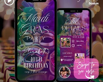 Animerad Mardi Gras-födelsedagsinbjudan: Mall för maskeradkarneval (digital nedladdning)