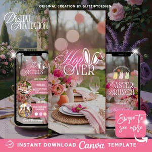 Op de afbeelding: Digitale uitnodigingssjabloon voor een paasbrunch, met een tafelsetting met roze bloemen en een smartphone display. De tekst bevat "Hop Over" en "Easter Brunch".