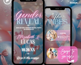 Animated Gender Reveal Invitation: Pink & Blue Bow, Canva Template (Digital Download)