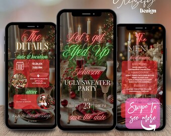 May include: A digital invitation for an Ugly Sweater Party. The invitation features a festive Christmas scene with a red and green color scheme. The text on the invitation reads "Let's get Elfed Up" and "Ugly Sweater Party". The date and time of the party are listed as "Friday, December 23rd at 5:00 PM".