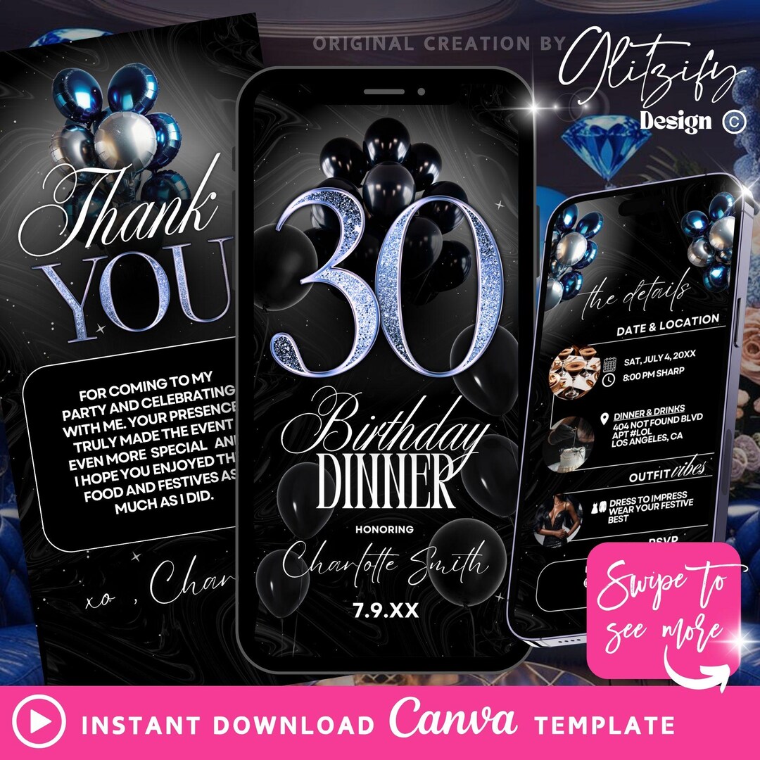 Luxury 30th Birthday Invitation: Glam Blue & Gold, Editable Canva ...