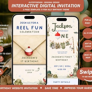 May include: Two smartphones displaying an interactive digital birthday invitation template with a fishing theme. The screens show an envelope with a red and white bobber, text reading 'Join us for a reel fun celebration', and 'Jackson is o-fish-ally one'.